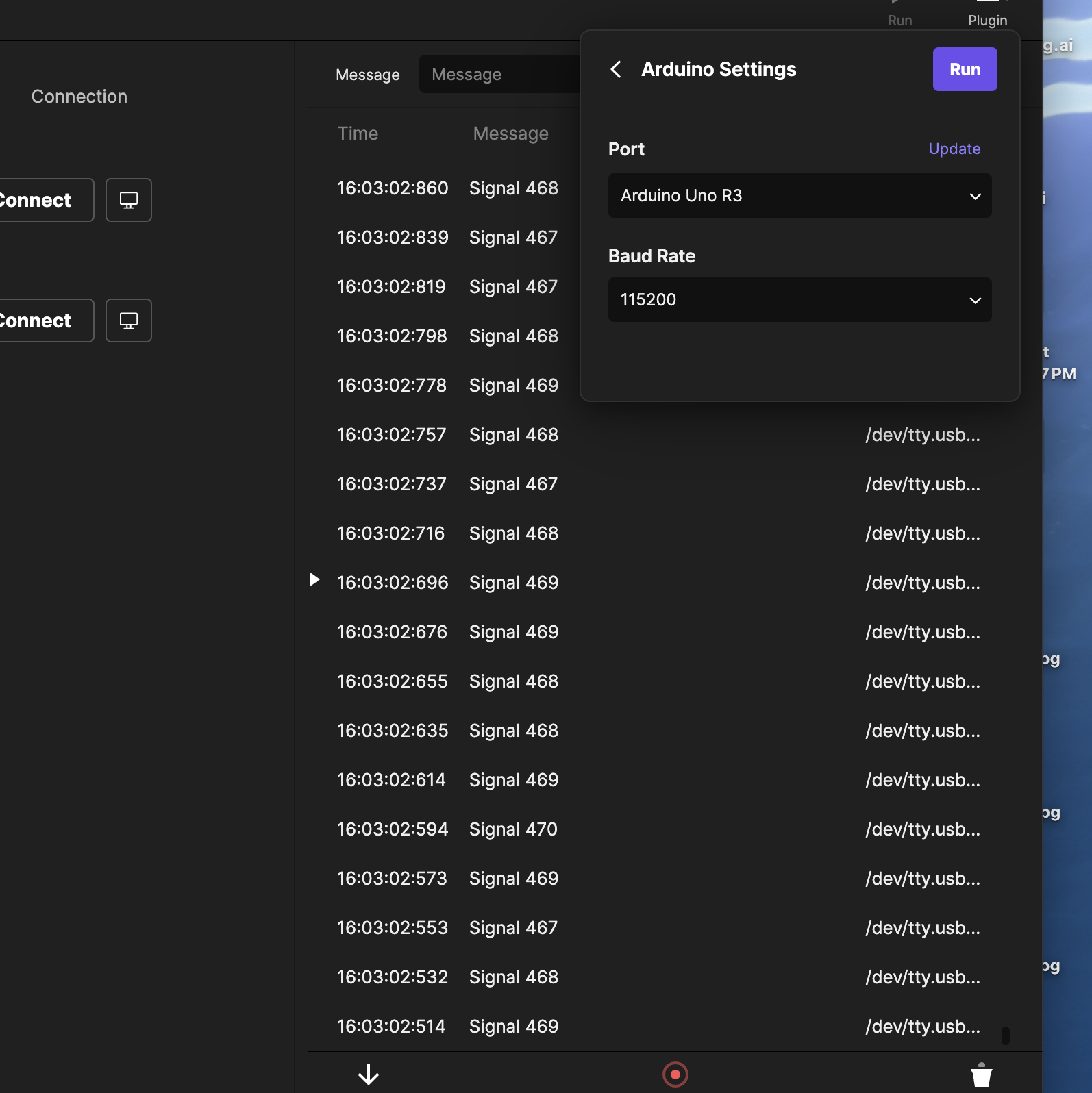 I connected ProtoPie Connect to my Arduino Uno with the same baud rate. It began reading data.